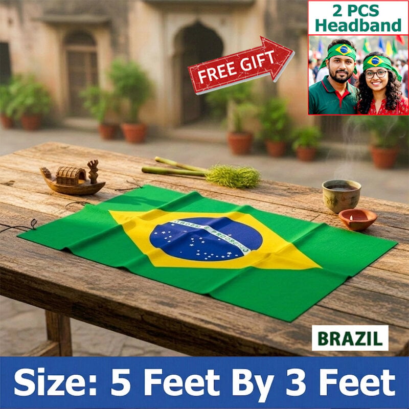 Picture of 5 ft x 3 ft Brazil National Flag For Football World Cup Premium Fabric, Quality Print Flag Of Brasil For Home Roof Car Balcony Wall Decoration Football Tournament Celebration Supporter Accessories Matches Cheer Up + Free Gift 2 Pieces Headband!
