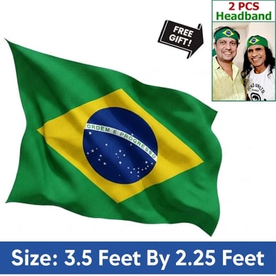 Picture of 3.5 ft x 2.25 ft Brazil National Flag For Football World Cup Premium Fabric, Quality Print Flag Of Brasil For Home Roof Car Balcony Wall Decoration Football Tournament Celebration Supporter Accessories Matches Cheer Up + Free Gift 2 Pieces Headband!