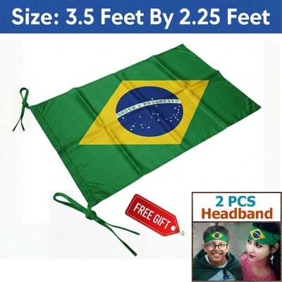 Picture of 3.5 ft x 2.25 ft Brazil National Flag For Football World Cup Premium Fabric, Quality Print Flag Of Brasil For Home Roof Car Balcony Wall Decoration Football Tournament Celebration Supporter Accessories Matches Cheer Up + Free Gift 2 Pieces Headband!