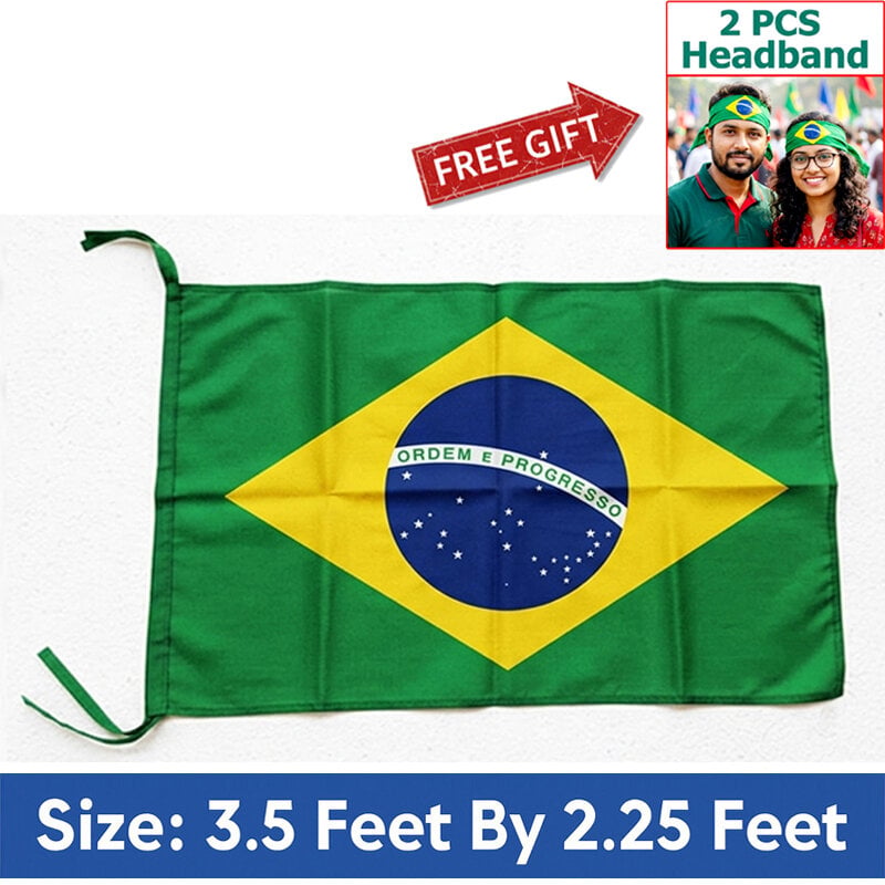 Picture of 3.5 ft x 2.25 ft Brazil National Flag For Football World Cup Premium Fabric, Quality Print Flag Of Brasil For Home Roof Car Balcony Wall Decoration Football Tournament Celebration Supporter Accessories Matches Cheer Up + Free Gift 2 Pieces Headband!