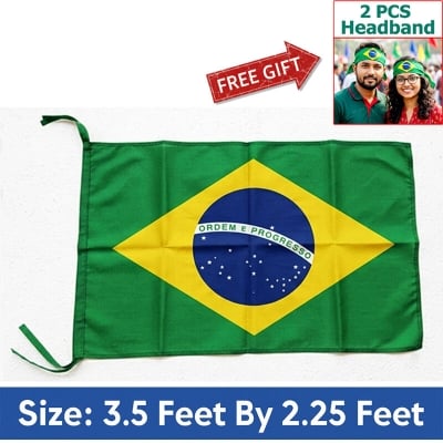 Picture of 3.5 ft x 2.25 ft Brazil National Flag For Football World Cup Premium Fabric, Quality Print Flag Of Brasil For Home Roof Car Balcony Wall Decoration Football Tournament Celebration Supporter Accessories Matches Cheer Up + Free Gift 2 Pieces Headband!