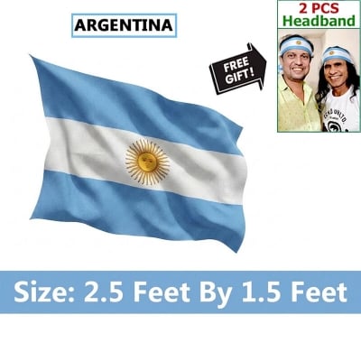Picture of 2.5 ft x 1.5 ft Argentina National Flag Premium Cotton Fabric Decorative Hanging Banner Suitable Football Fans Indoor Outdoor Celebration Display Accessories Sky Blue White Color + Free Gift 2 Pieces Headband!