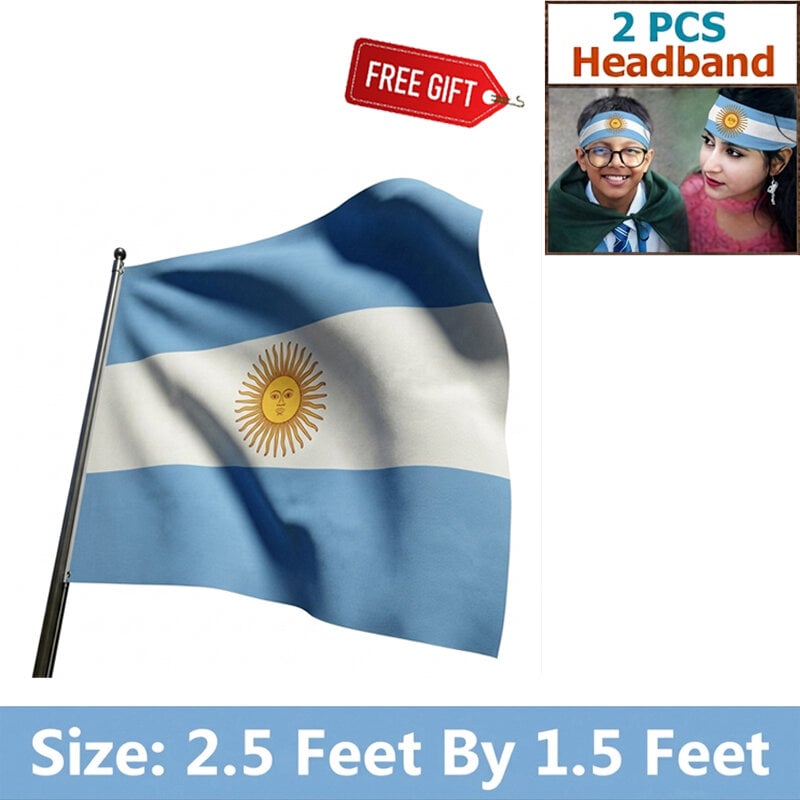 Picture of 2.5 ft x 1.5 ft Argentina National Flag Premium Cotton Fabric Decorative Hanging Banner Suitable Football Fans Indoor Outdoor Celebration Display Accessories Sky Blue White Color + Free Gift 2 Pieces Headband!