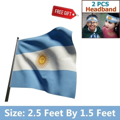 Picture of 2.5 ft x 1.5 ft Argentina National Flag Premium Cotton Fabric Decorative Hanging Banner Suitable Football Fans Indoor Outdoor Celebration Display Accessories Sky Blue White Color + Free Gift 2 Pieces Headband!
