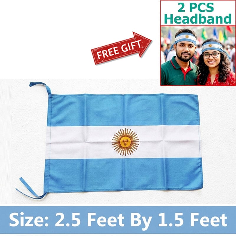 Picture of 2.5 ft x 1.5 ft Argentina National Flag Premium Cotton Fabric Decorative Hanging Banner Suitable Football Fans Indoor Outdoor Celebration Display Accessories Sky Blue White Color + Free Gift 2 Pieces Headband!