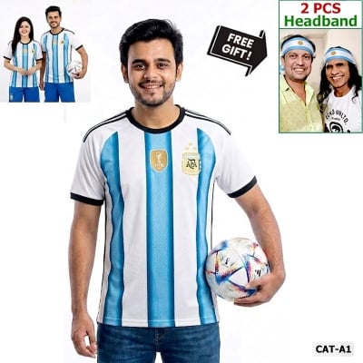 Picture of Argentina Football Team Home Jersey T-Shirt for Men & Women, Breathable Polyester Fabric Sky Blue and White Stripes Color + Free Gift 2 Pieces Headband!