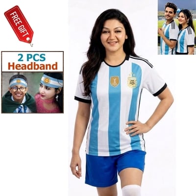 Picture of Argentina Football Team Home Jersey T-Shirt for Men & Women, Breathable Polyester Fabric Sky Blue and White Stripes Color + Free Gift 2 Pieces Headband!