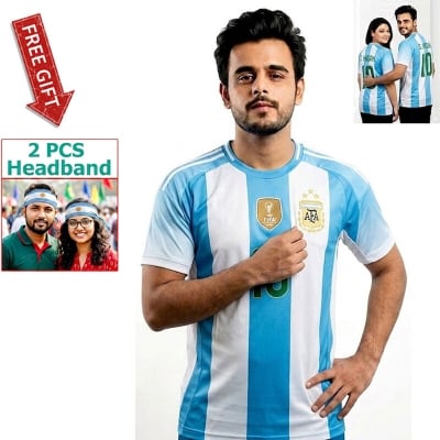 Picture of Argentina Football Team Home Jersey T-Shirt for Men & Women, Breathable Polyester Fabric Sky Blue and White Stripes Color + Free Gift 2 Pieces Headband!