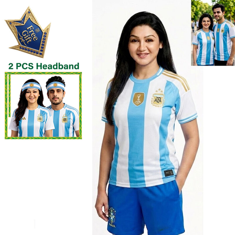 Picture of Argentina Football Team Home Jersey T-Shirt for Men & Women, Breathable Polyester Fabric Sky Blue and White Stripes Color + Free Gift 2 Pieces Headband!