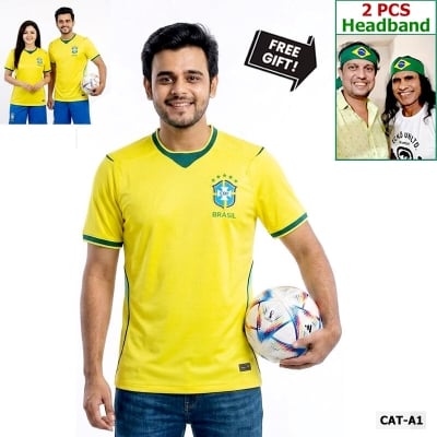 Picture of Brazil Football Team Home Jersey T-Shirt for Men & Women, Breathable Polyester Fabric Yellow Color + Free Gift 2 Pieces Headband!