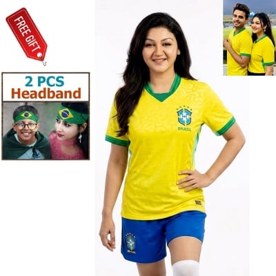 Picture of Brazil Football Team Home Jersey T-Shirt for Men & Women, Breathable Polyester Fabric Yellow Color + Free Gift 2 Pieces Headband!