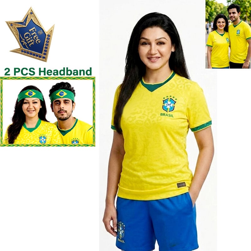 Picture of Brazil Football Team Home Jersey T-Shirt for Men & Women, Breathable Polyester Fabric Yellow Color + Free Gift 2 Pieces Headband!