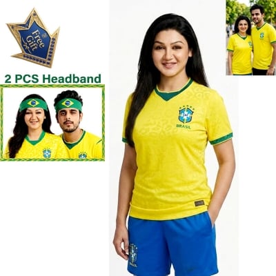 Picture of Brazil Football Team Home Jersey T-Shirt for Men & Women, Breathable Polyester Fabric Yellow Color + Free Gift 2 Pieces Headband!