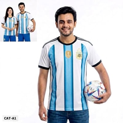 Picture of Argentina Football Team Home Jersey T-Shirt for Men & Women, Breathable Polyester Fabric Sky Blue and White Stripes Color