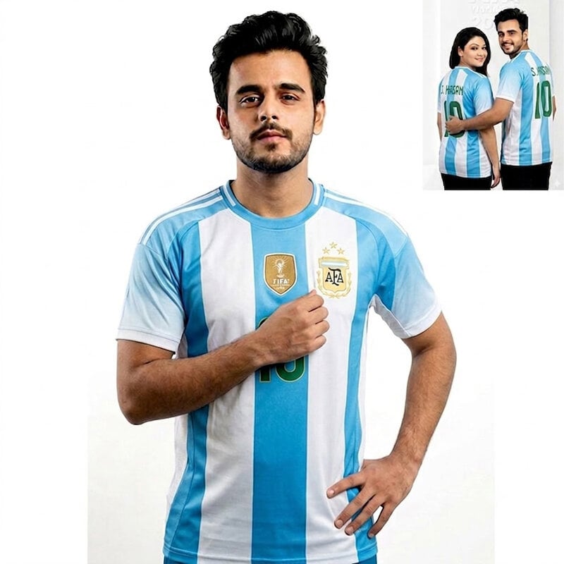 Picture of Argentina Football Team Home Jersey T-Shirt for Men & Women, Breathable Polyester Fabric Sky Blue and White Stripes Color