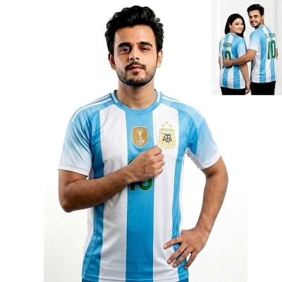 Picture of Argentina Football Team Home Jersey T-Shirt for Men & Women, Breathable Polyester Fabric Sky Blue and White Stripes Color