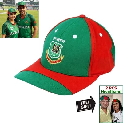 Picture of Bangladesh Cricket Team Supporter Cap - Premium Quality Green & Red Sun Hat for Fans + Bonus Gift 2 Pieces Headband & More - One size