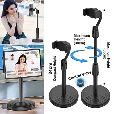 Picture of L7 Premium Desktop Mobile Phone Holder Height Adjustable Stand 360° Rotatable Mount for Live Streaming Video Calls YouTube TikTok Facebook Reels Heavy Round Base – Black Color + Free Gifts Included!