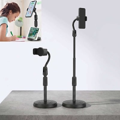 Picture of L7 Premium Desktop Mobile Phone Holder Height Adjustable Stand 360° Rotatable Mount for Live Streaming Video Calls YouTube TikTok Facebook Reels Heavy Round Base – Black Color + Free Gifts Included!