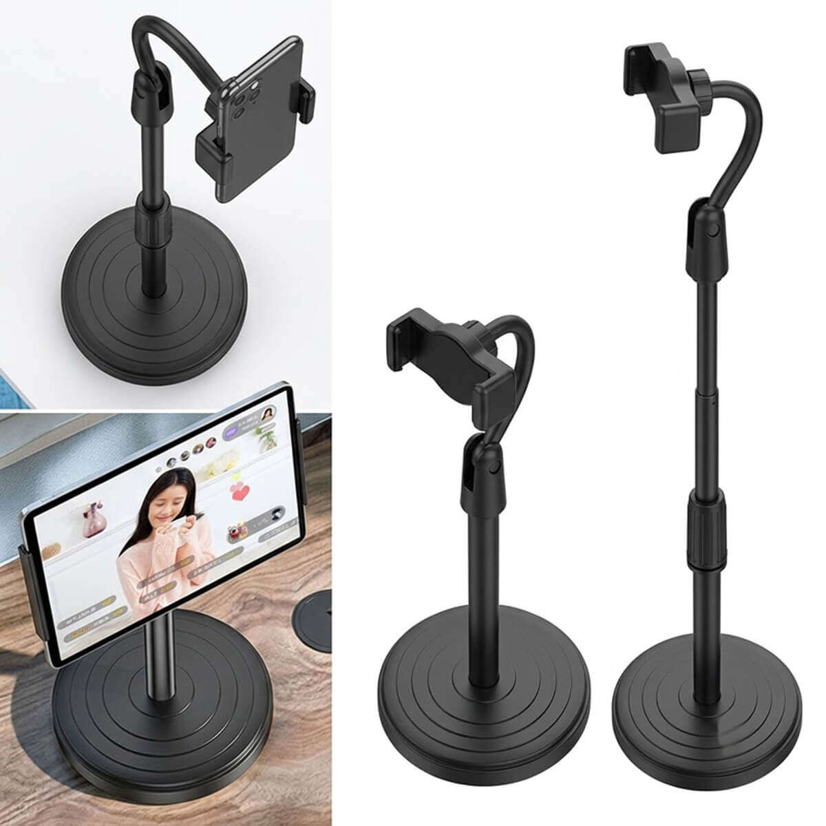 Picture of L7 Premium Desktop Mobile Phone Holder Height Adjustable Stand 360° Rotatable Mount for Live Streaming Video Calls YouTube TikTok Facebook Reels Heavy Round Base – Black Color + Free Gifts Included!