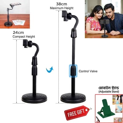 Picture of L7 Premium Desktop Mobile Phone Holder Height Adjustable Stand 360° Rotatable Mount for Live Streaming Video Calls YouTube TikTok Facebook Reels Heavy Round Base – Black Color + Bonus Gifts Included!