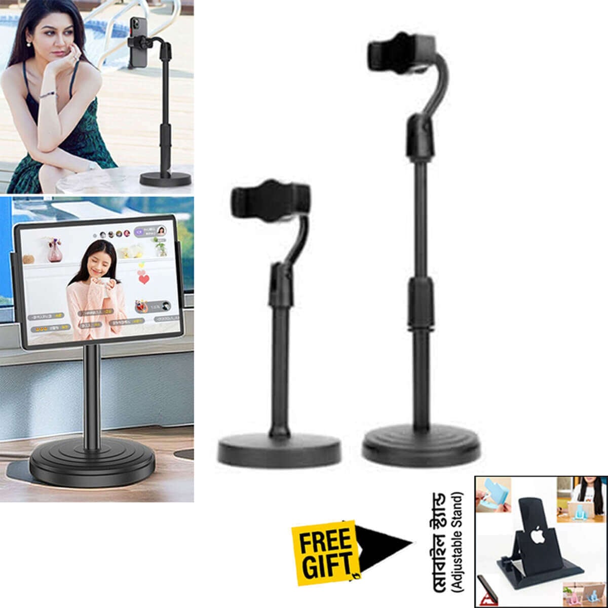 Picture of L7 Premium Desktop Mobile Phone Holder Height Adjustable Stand 360° Rotatable Mount for Live Streaming Video Calls YouTube TikTok Facebook Reels Heavy Round Base – Black Color + Bonus Gifts Included!