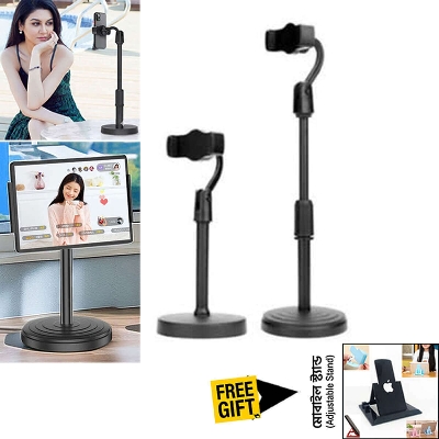 Picture of L7 Premium Desktop Mobile Phone Holder Height Adjustable Stand 360° Rotatable Mount for Live Streaming Video Calls YouTube TikTok Facebook Reels Heavy Round Base – Black Color + Bonus Gifts Included!