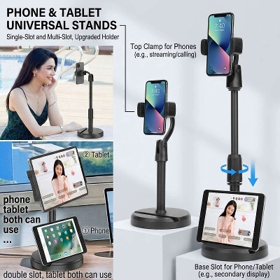 Picture of Premium Height Adjustable Desktop Mobile Phone Holder with 360° Rotation & Heavy Round Base for Live Streaming, Video Calls & TikTok Reels (24-38cm, Black) + Bonus Gifts Included!