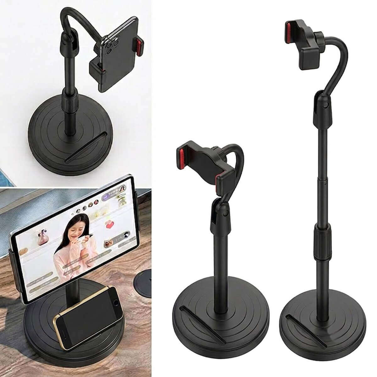 Picture of Premium Height Adjustable Desktop Mobile Phone Holder with 360° Rotation & Heavy Round Base for Live Streaming, Video Calls & TikTok Reels (24-38cm, Black) + Bonus Gifts Included!