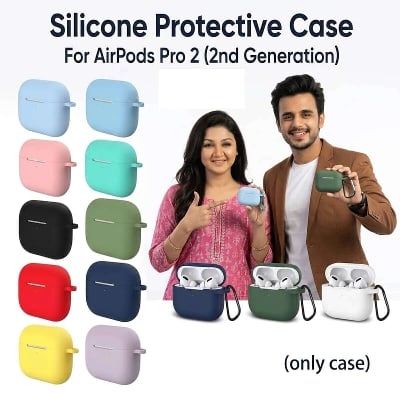 Picture of Silicone Protective Case Cover for AirPods Pro 2 2nd Gen Multi Color Universal Shockproof Soft Skin Anti Scratch Dust Plug Carabiner Hook Ideal for Zoom Calls Reels YouTube Vlogging Mobile Gaming
