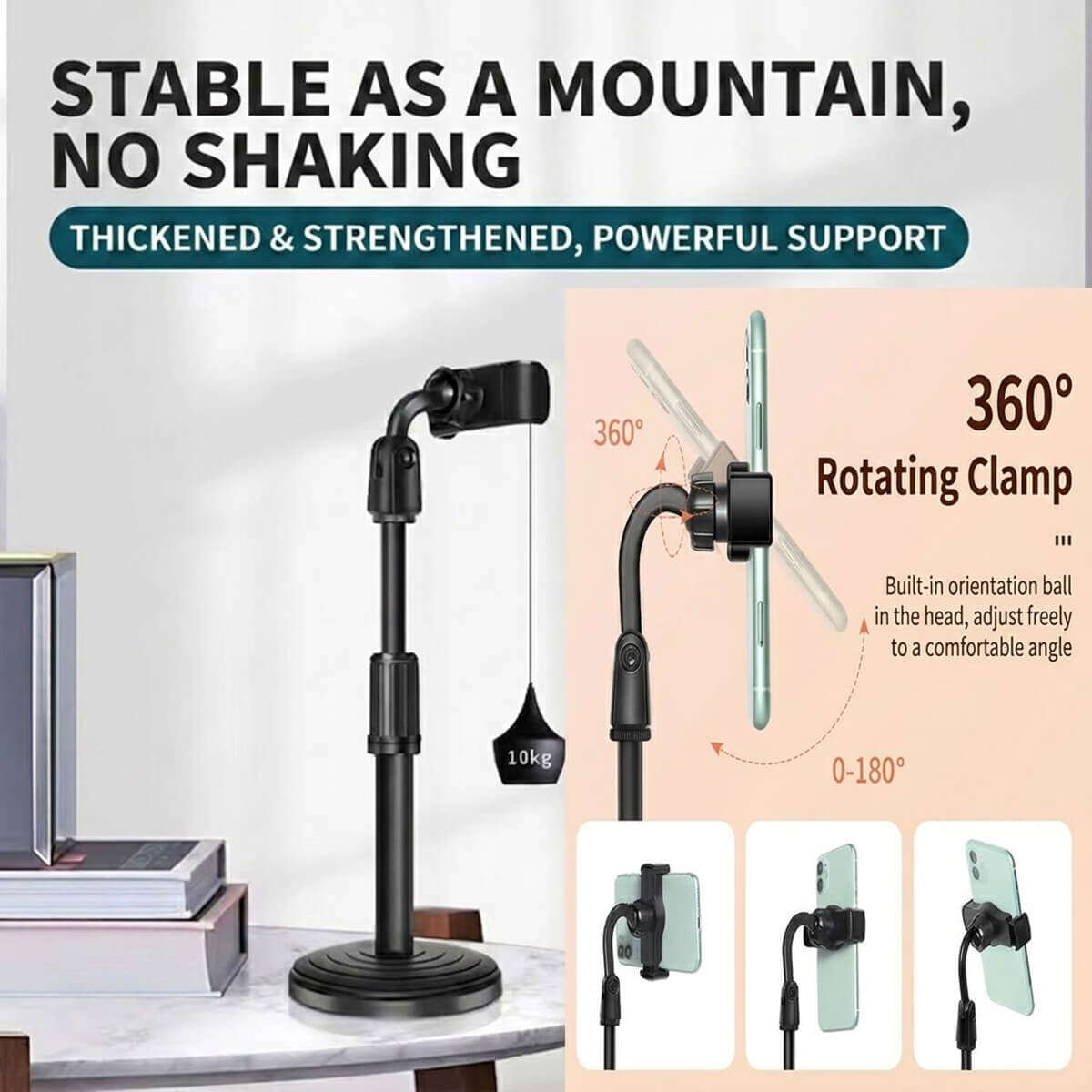 Picture of L7 Premium Desktop Mobile Phone Holder Height Adjustable Stand 360° Rotatable Heavy Round Base Smartphone Bracket Black for Live Streaming Video Conferencing Zoom Calls YouTube TikTok Reels