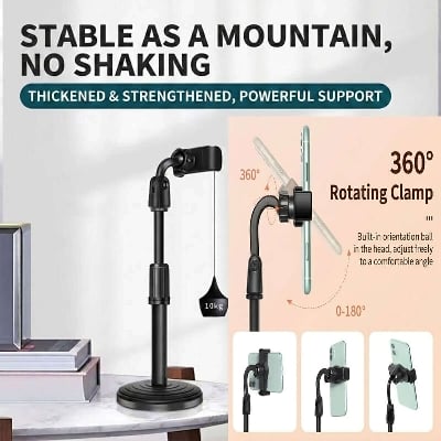 Picture of L7 Premium Desktop Mobile Phone Holder Height Adjustable Stand 360° Rotatable Heavy Round Base Smartphone Bracket Black for Live Streaming Video Conferencing Zoom Calls YouTube TikTok Reels