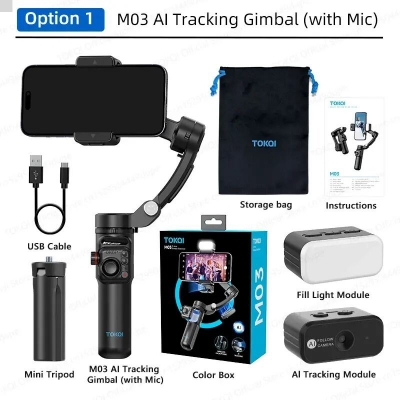 Picture of TOKQI M03: Upgraded Intelligent 3-Axis Gimbal Stabilizer, anti-shake, Audio Capturing Module, Separate Remote Controller, Magnetized Compensating Light, Al Automatic Tracking-Black