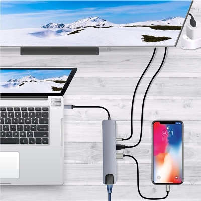 Picture of USB C Hub Docking Station 8 In 1 Type C Hub USB C Dongle With HDMI 4K - Enhance Your Connectivity With This Versatile 8-In-1 USB C Hub - Grey-Grey