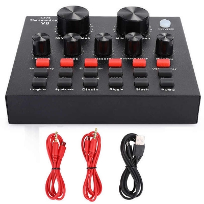 Picture of V8 Multifunctional Live Sound Card USB Audio Interface Intelligent Volume Adjustable Audio Mixer Sound Card-Black