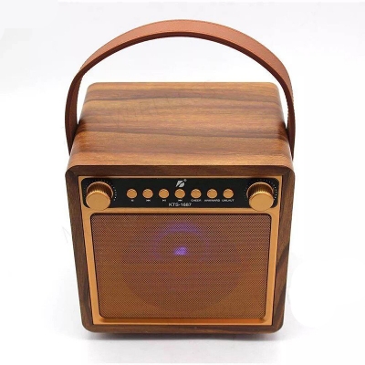 Picture of Professional KTS-1687 Vocal Singing Home KTV Rechargeable Wireless Wooden FM Radio Mic Karaoke Box-Gold