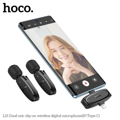 Picture of HOCO L15 Wireless Lavalier Microphone Dual-Mic 2-in-1 Clip-on Wireless Digital Microphone (lighting & Type-C)-Black
