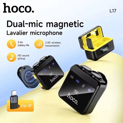 Picture of Hoco L17 Dual-Mic Magnetic Lavalier Wireless Digital Omnidirectional electret microphone (Lighting & Type-C)-Black