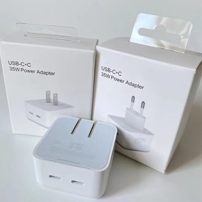 Picture of iPhone 13 14 Dual USB-C Port Compact Power Adapter 35W Cable Power Adapter Type-C Brick Wall Charger-White