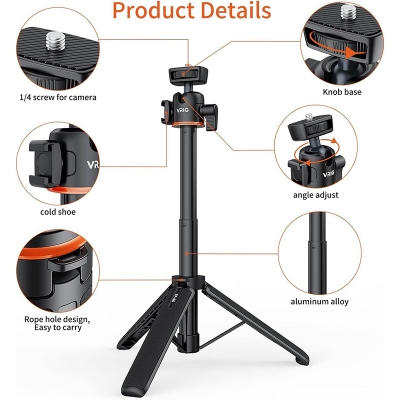 Picture of TP-06 Portable Selfie Stick Tripod Stand Aluminum Alloy with 1/4" Screw Cold Shoe Mount 360° Rotatable Ball Head 55cm/21.6in Max Height 1.5kg Load Capacity for Vlog Live Streaming Selfie Video-Black