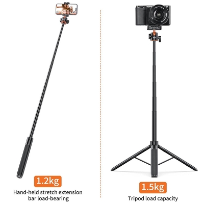 Picture of VRIG TP16 Camera Tripod, 55 inch Extendable Phone Selfie Stick Camera Tripod Stand with 2 in 1 Phone Clip, 5 Levels Adjustment 360° Ball Head-Black