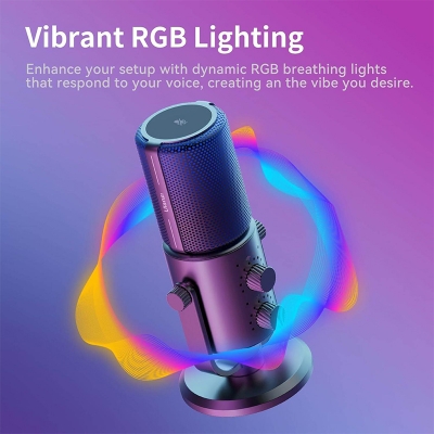 Picture of ULANZI DCM-05 Gaming PC Microphone USB Desktop Condenser Microphone with RGB Light, Mute Button, Headphones Jack, Desktop Stand, Plug & Play, Black-Black