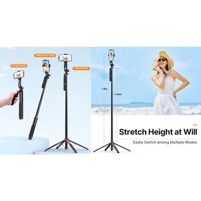 Picture of Ulanzi MA09 Selfie Stick Tripod, 71" Extendable Phone Tripod with Romote, Portable Cellphone Stand Tripod Quadrapod & iPhone Tripod, 3-in-1 Upgraded Travel Tripod for iPhone/Samsung/Camera/GoPro-Black