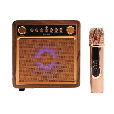 Picture of KTS-1687 Vocal Singing Home KTV Party Rechargeable Wireless Wooden FM Radio Mic Belt Handle Portable Karaoke Box BT Speaker-Multicolor