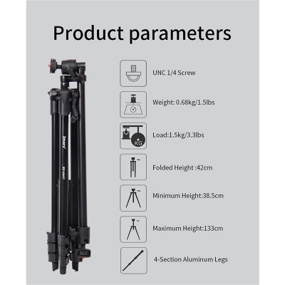 Picture of Jmary KP-2207 Professional Tripod Heavy Duty Aluminum Extendable Tripod with Mobile Phone Holder-Black