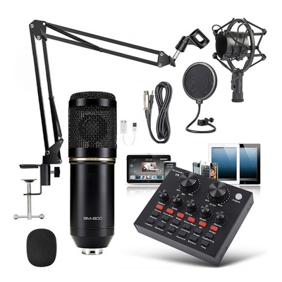 Picture of Professional Condenser Microphone V8 Sound Card set/Mobile phone network Karaoke Mic BM 800 Scissor Arm Stand ,Shock mount, Pop Filter-Gold