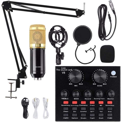 Picture of 9in1 q1 Kit V8 Live Sound Card Microphone Stand Shock Mount Professional Mic Set for Broadcast Singing K Songs - Gold-Gold
