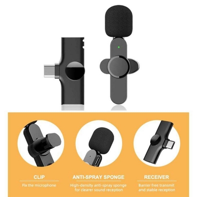 Picture of Wireless Lavalier Single Microphone K8 Portable Audio Video Record Mini Mic For Android Live Broadcast Gaming Phone Microphone Type-C & Lighting Black