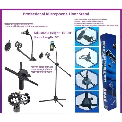 Picture of Metal Microphone Floor Stand with Boom Arm 360° Rotating Phone Holder K12-Black