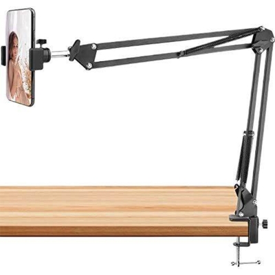 Picture of Overhead Video Stand Phone Holder Articulating Arm Phone Mount Table Top ChromLives Scissor Boom Arm Articulating Phone Stand Tablet Phone Holder for Streaming Phone Baking Crafting-Black